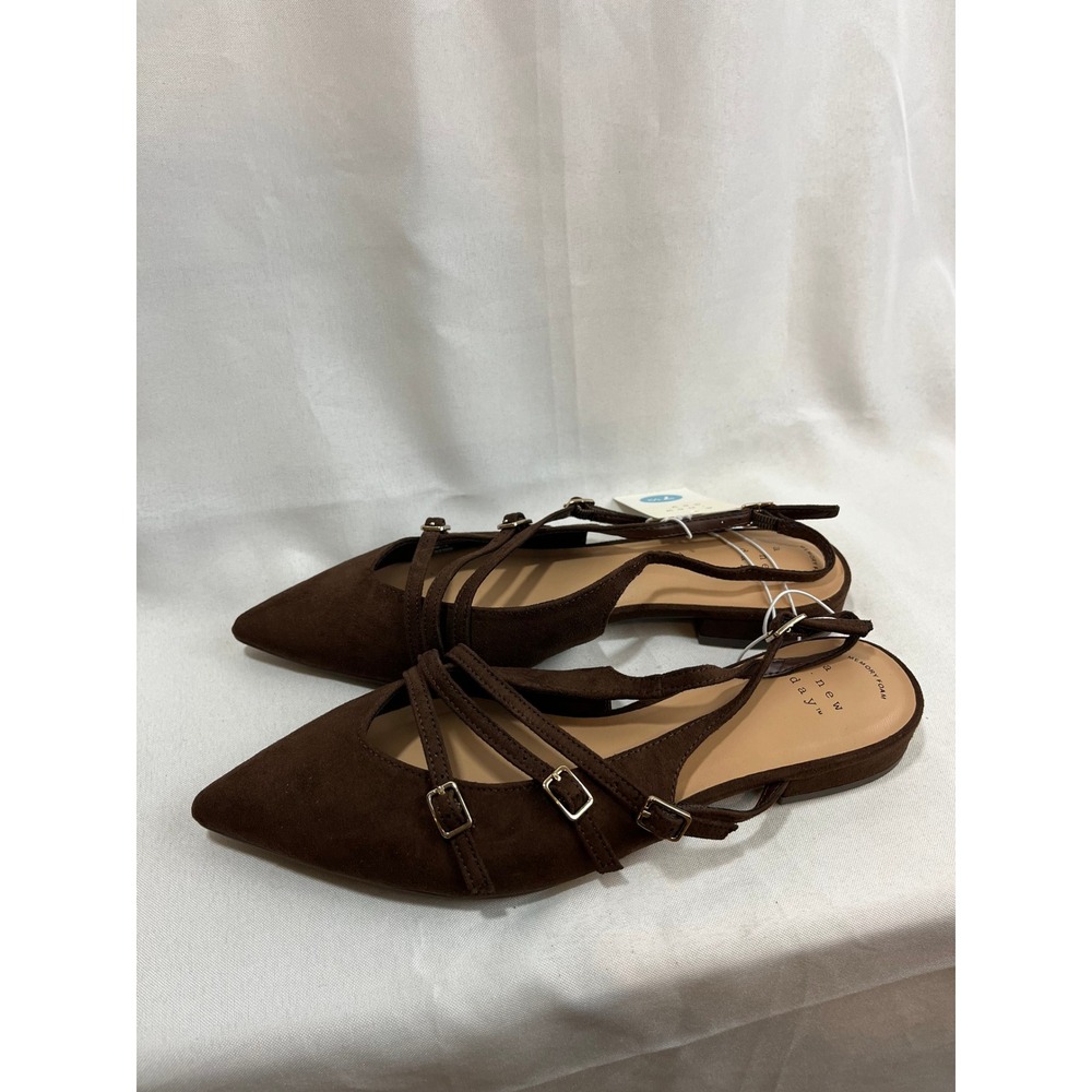 A New Day Womens Pointed Toe Triple Strap Slingback Flats Brown Suede 7.5 NEW